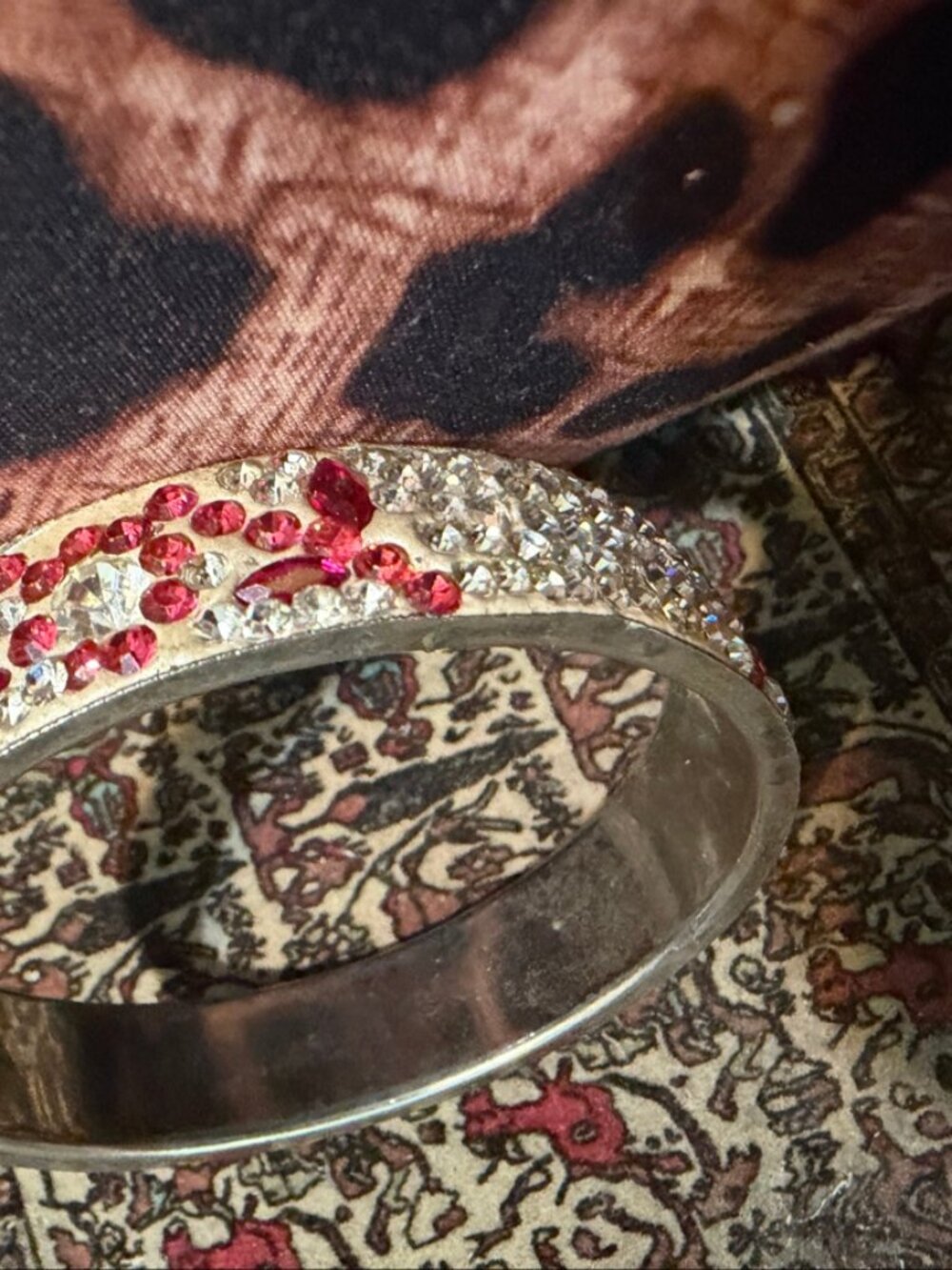 Wide Silver Bangle Red Clear Stones 2.5in